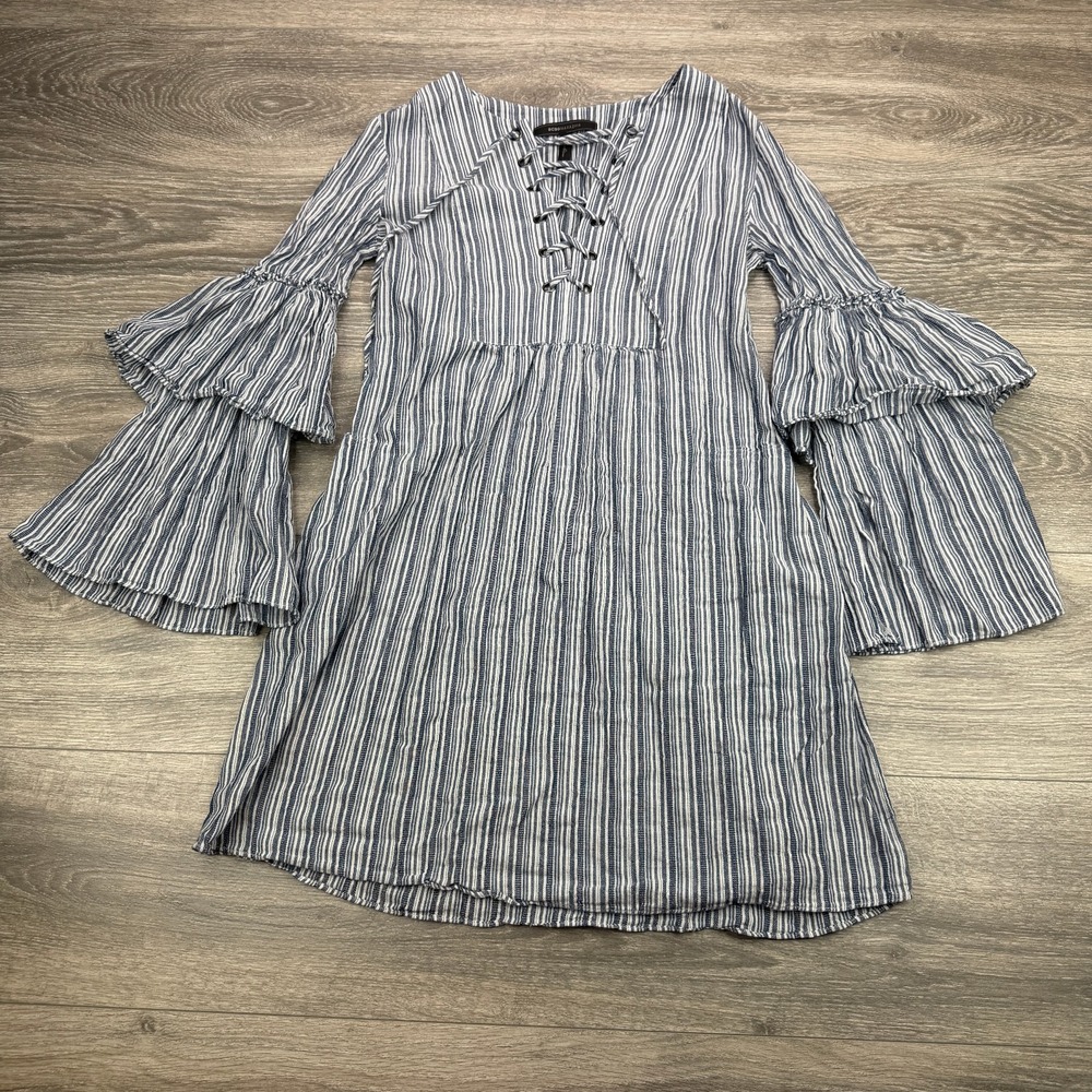 BCBGMAXAZRIA Dress Womens XS Blue White Striped Lace Up Bell Sleeve Shift Boho